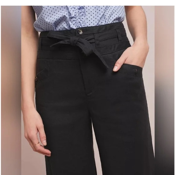 NWT Anthropologie Black Wide Leg Linen Belted Pants 14 - Picture 2 of 13